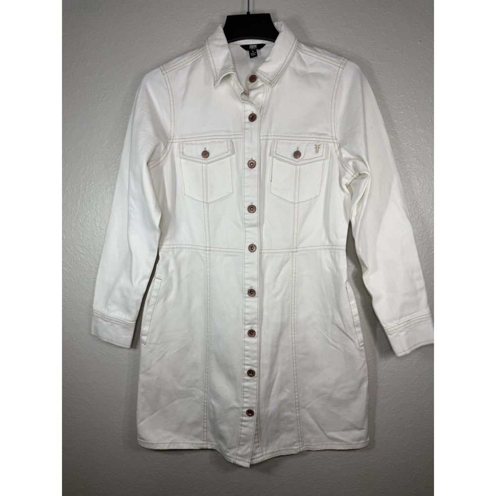 Frye Womens White Denim Button Up Mini Dress S Pockets Western Festival Cowgirl